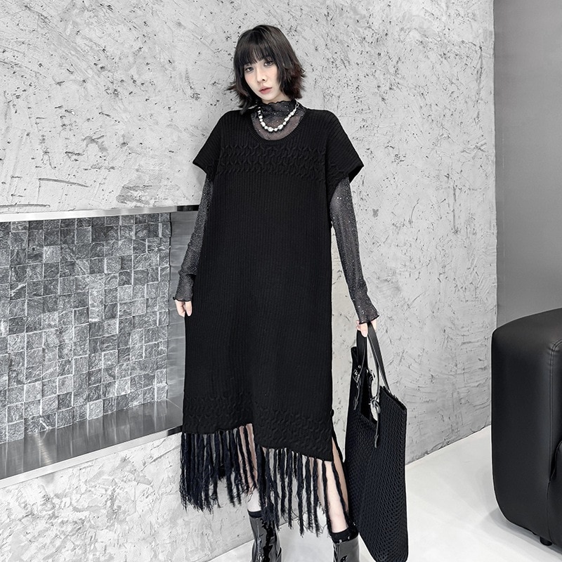 【J.Fashion】 2025秋 ニットワンピース 袖なし おしゃれ レディース ノースリーブ フリンジ ニットベスト 関連商品購入可能 メガ割