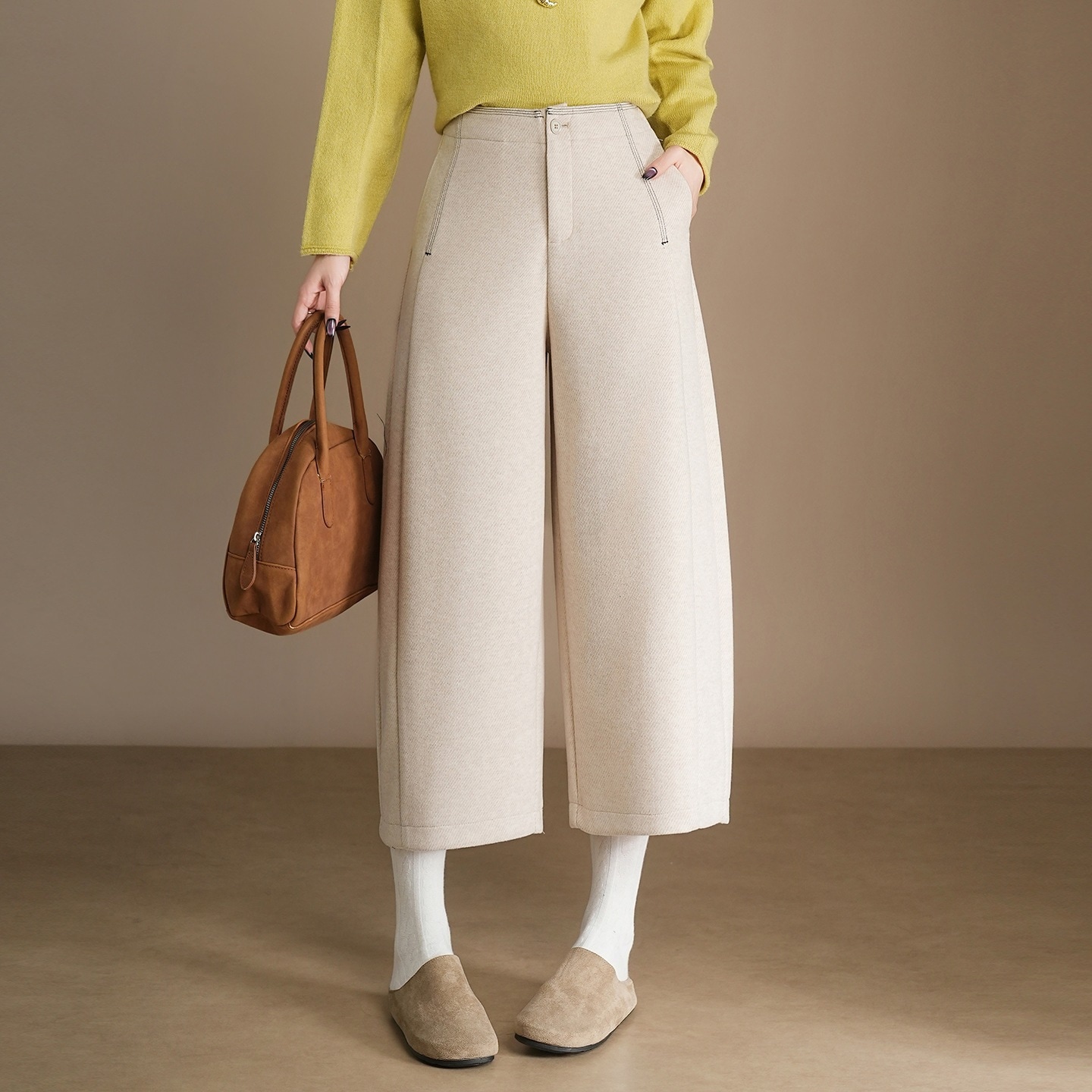 裏起毛 ウールツイードワイドパンツ 8分 韓国風 ハイウエスト ガウチョパンツ 秋冬