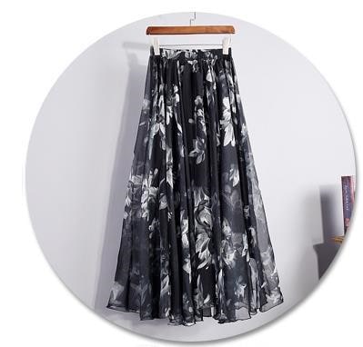 3143.ウエストゴム ロング丈 花柄シフォンスカート（ブラック）2019 春夏 お出かけ パーティー