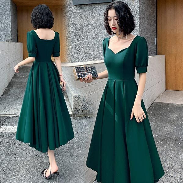 パーティードレス ミモレ丈 結婚式 バブルスリーブ スクエアネック 発表会ドレス 3XL 大きいサイズ 上品 スタイルいい カクテルドレス お呼ばれ 20代 40代 50代 演奏会 コンサート ファス