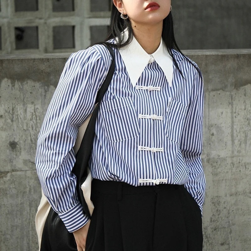 【人気SALE】オフィス ストライプシャツ チャイナボタン ブルー チャイナ風シャツ トップス レディース 長袖
