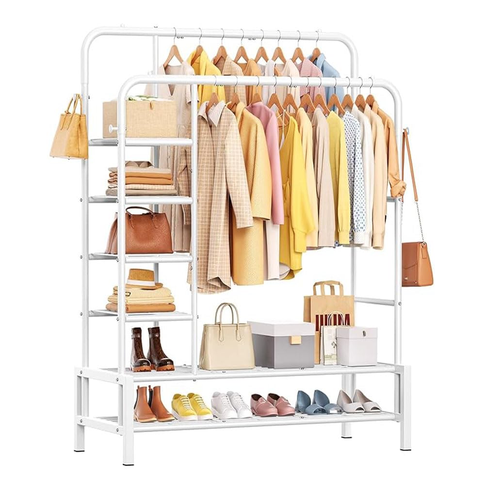 ハンガーラック5サイド棚付き 洋服 パイプハンガー 衣類 コート掛けラック 洋服掛け 衣類収納 防サビ 防水 耐腐食性 物干しスタンド 高耐荷重 頑丈 梅雨対策 おしゃれ114×奥行41.5×高さ15