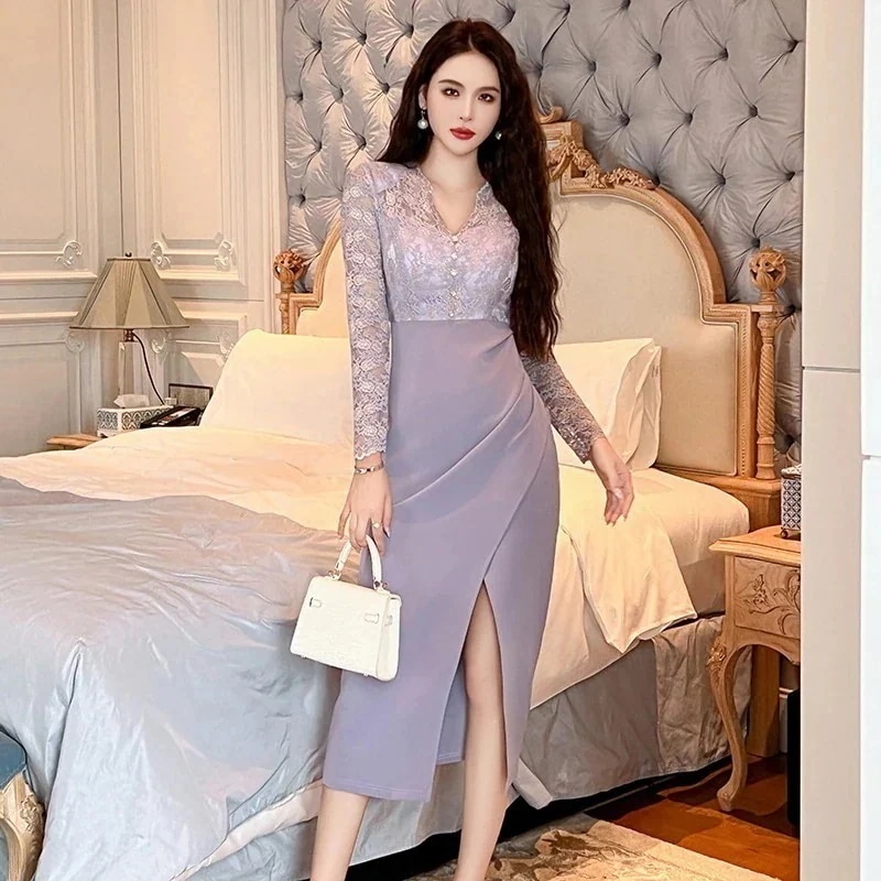 新款 秋冬 レースワンピース ドッキング スリット パープル ハイウエスト タイプスカート パーティードレス キャバ 着痩せ 大人 同窓会 披露宴 卒業式 結婚式 演奏会