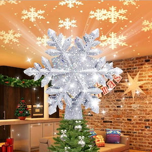 クリスマスツリーチップスターキラキラクリスマスツリーの先端LEDプロジェクター - スパークリングダイナミックなスノーフレークパターンシルバー