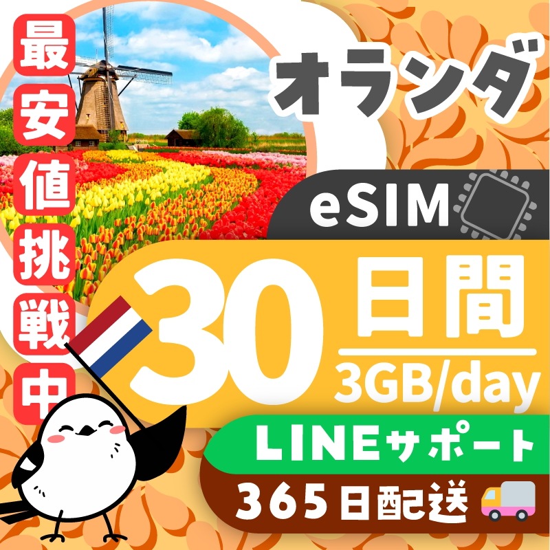 【オランダeSIM】簡単設定／使用日数：３０日間／データ容量：３GB（day）／有効期限90日／最短即日発行／パスポート番号不要／データ通信専用／オランダSIM