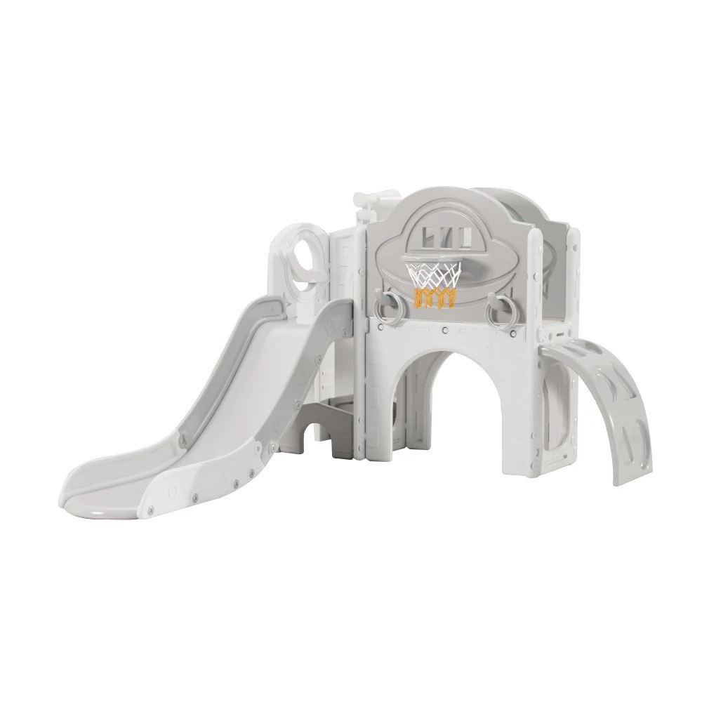 【国内発送Ｍ】1408すべり台 キャッスル 大型遊具 すべりだい スライダー 室内 遊具 バスケットゴール 収納 グレー×ホワイト