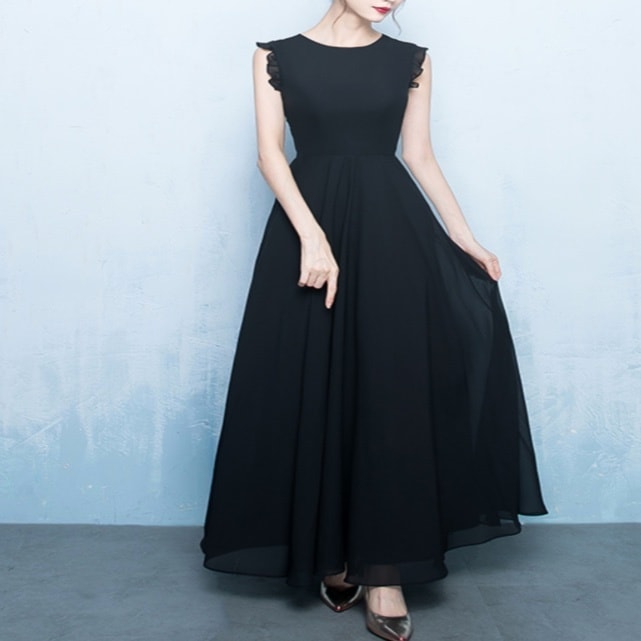 ドレス ワンピース 演奏会 発表会 ステージ 舞台 衣装 コスプレ コスチューム 演劇 マキシ 袖なし ノースリーブ フリル袖 Uネック ラウンドネック スレンダー スリム フレア 細身 Aライン
