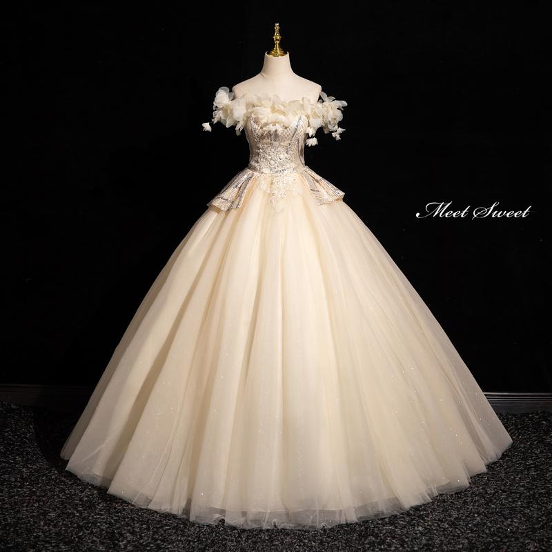カラードレス プリンセスライン ロングドレス シャンパン オフショルダー 花柄 ウェディングドレス 結婚式 二次会 花嫁 前撮り 演奏会 発表会 ステージ衣装