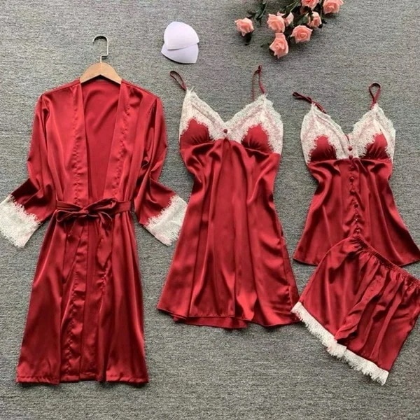 【急速出荷 2025年新作】ルームウェア 部屋着 オルチャン ナイトウェア 無地 ウエストリボン 春　夏　秋　長袖 オルチャン セットアップ 4点セット サテン シルク レース ガウン ワンピース キ