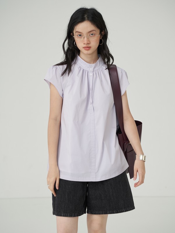 オモント エッグタルト ホーム スモール フライングスリーブ スタンドカラー 半袖シャツ レディース 夏 新作 レトロ ゆったり スリム パープル トップス