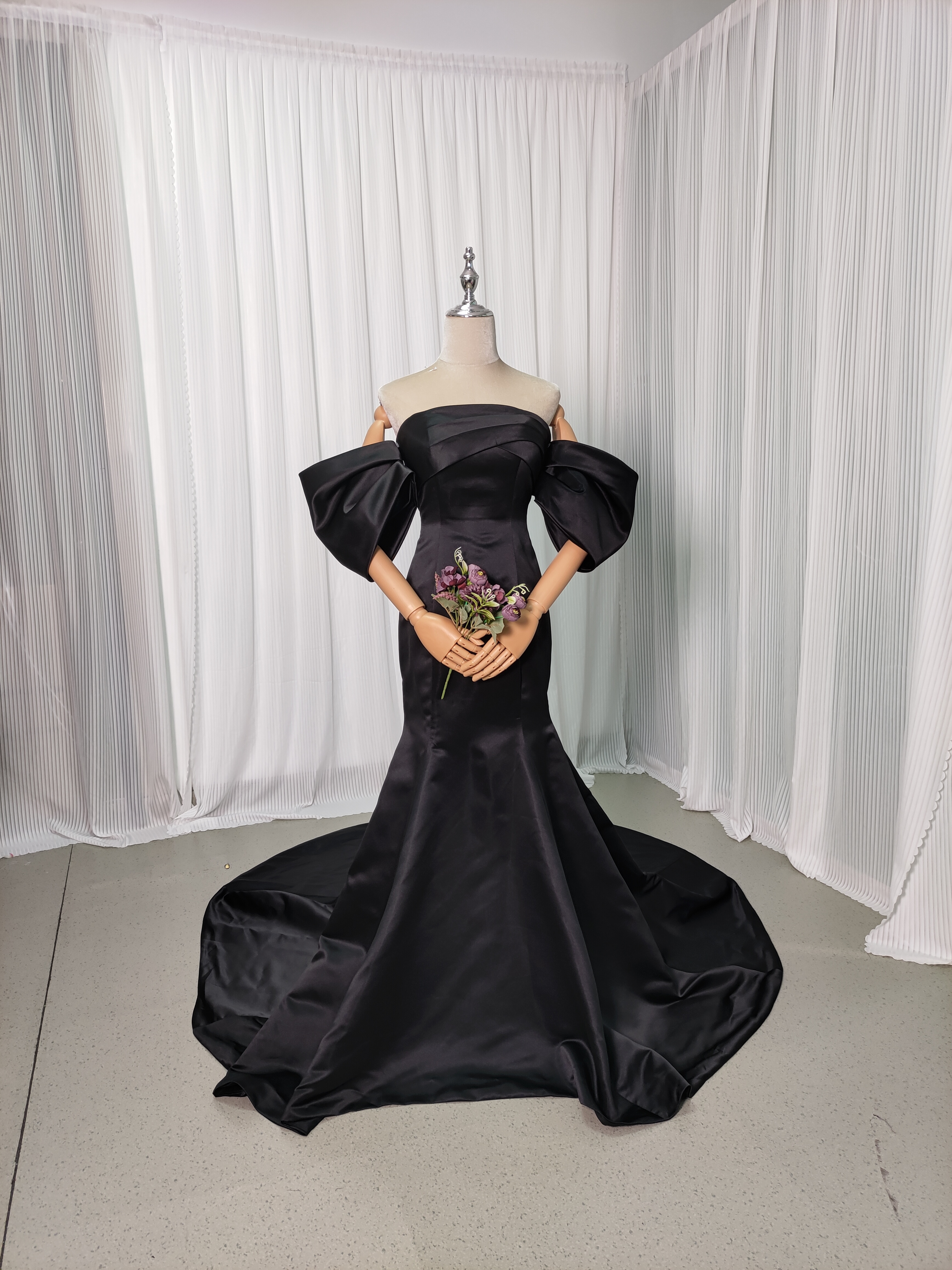 パーティードレス ブラック フリル袖 ベアトップ マーメイドライン 編み上げ ファスナー エレガント 前撮り