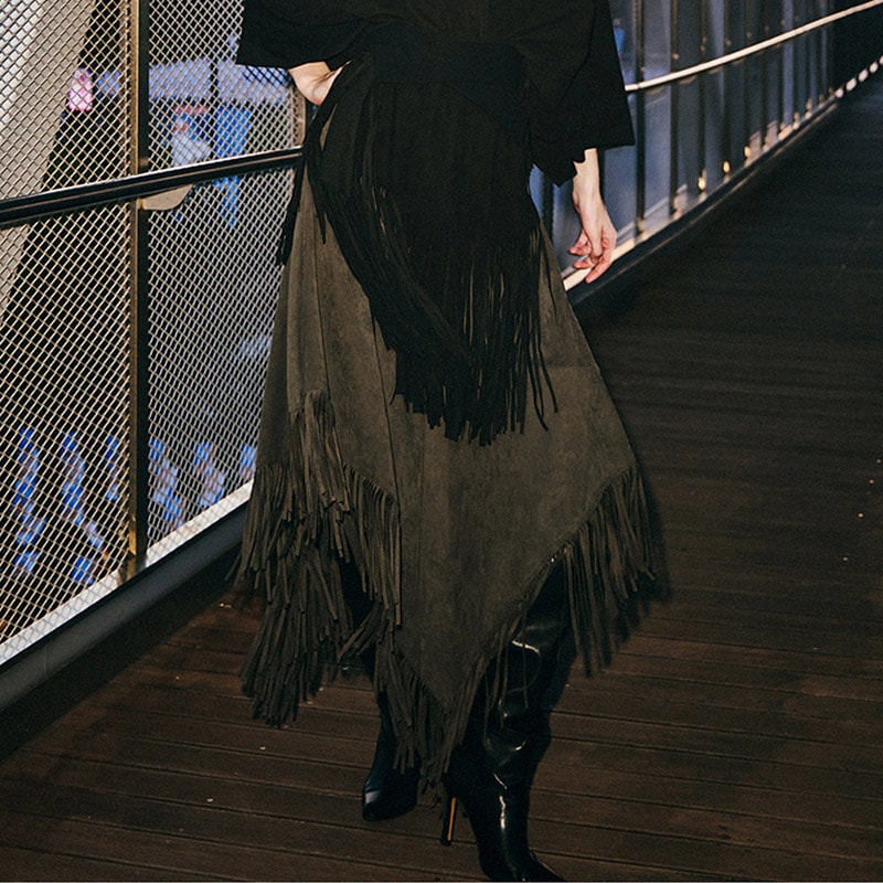 SK9111 スエードフリンジフリンジアンバランススカート