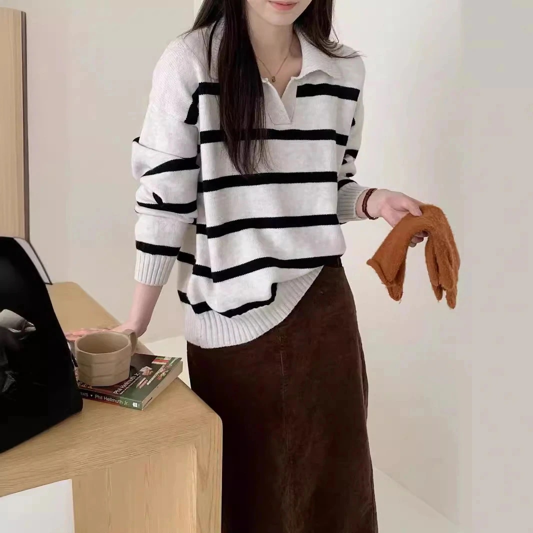 人气 新作リブニット 韓国の怠惰な風の襟ストライププルオーバージャンパー女性の秋と冬の新しい緩いカジュアルな多目的なニットのトップス 46aa2134 20,653円