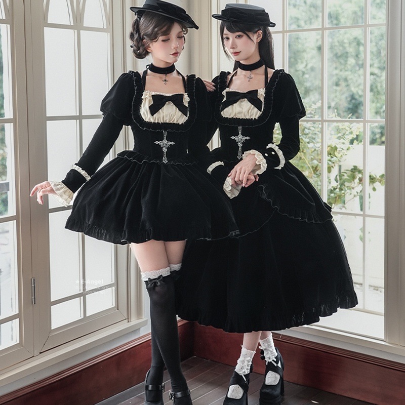 ロリータ ワンピース 秋 冬 黒 スクエアネック ベルベットロリータドレス4点セット コンカフェ 双子 コスプレ かわいい レトロ イベント 撮影 コスチューム 学園祭