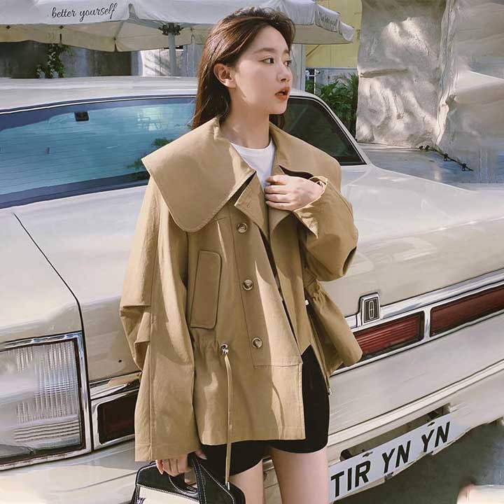 【急速出荷!】トレンチコート ショート マウンテンパーカー レディース コート ドロースト アウター 春 秋 ショート ボリューム袖 大きい襟 ワイドカラー ベージュ ウエストベルト 通勤 通学 大