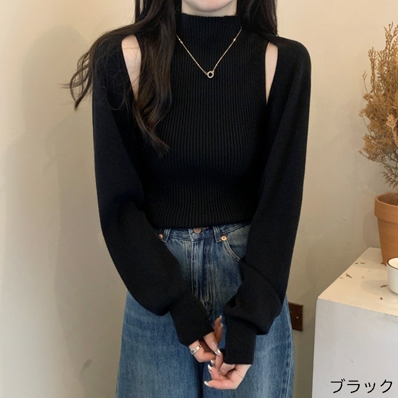 ハーフネックニット ボレロカーディガン セット オルチャン ツーピース ノースリーブ 韓国 レディース ブラック ホワイト ベージュ グレー ブラウン ニットソー 長袖 スリム タイト 細身
