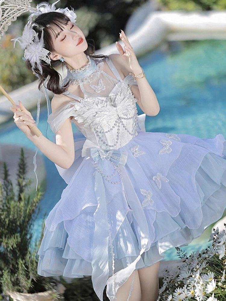 ロリータ純粋な欲望スタイル青と白のプリンセスドレスリボンロリータ誕生日成人式ふくらんだスカート