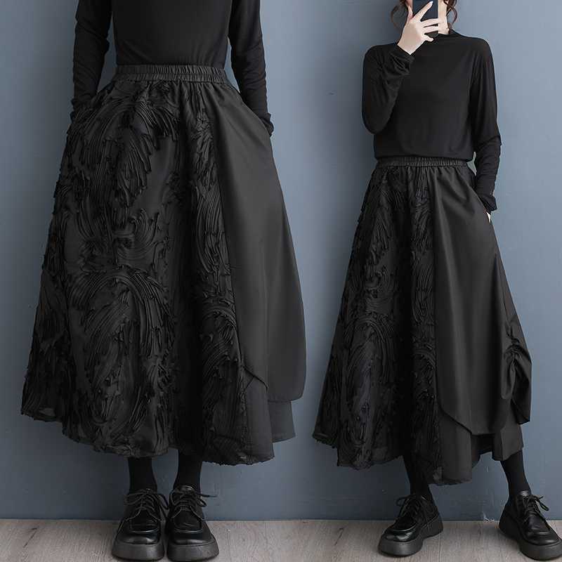 「ファットガール」 2024春今週の割引は 25% オフです夏 黒 花柄スカート ハイウエスト ゴム ドッキング 皺 レディース ロングスカート