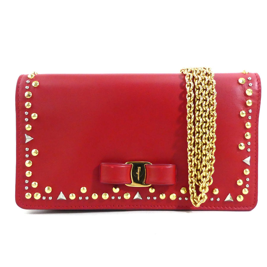 サルヴァトーレフェラガモ Salvatore Ferragamo チェーンウォレット ヴァラリボン レザー レッド レディース r10481a