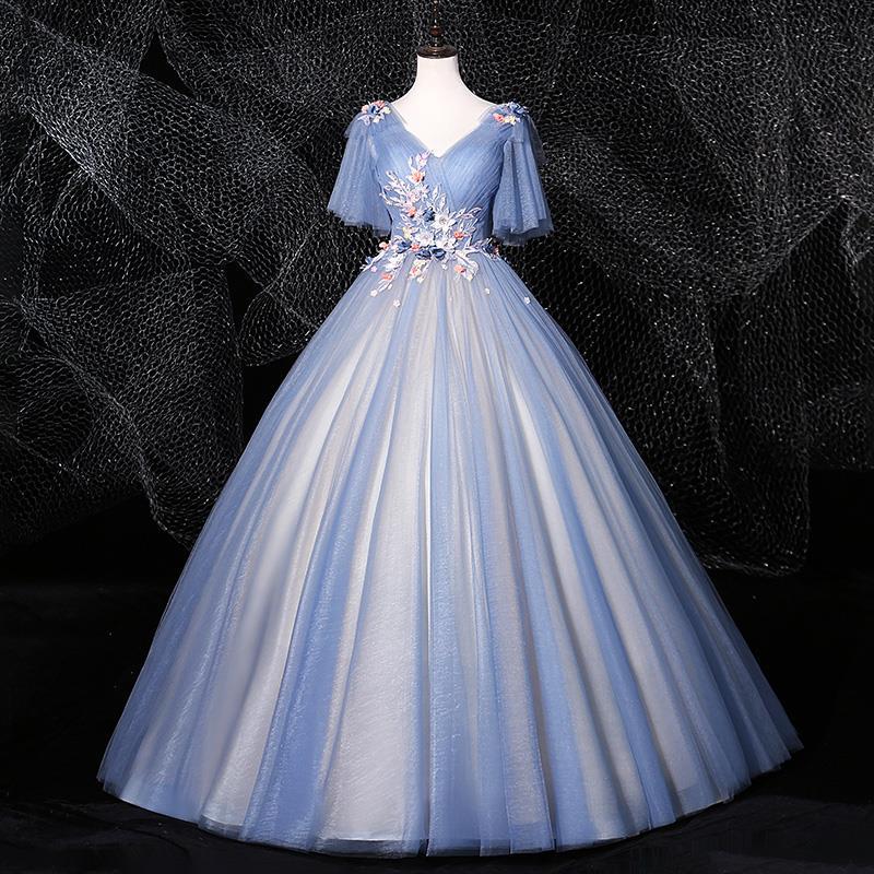 パーディードレス ロングドレス Vネック ウエディングドレス お姫様ドレス ステージ衣装 プリンセス オペラ声楽 成人式 花嫁 忘年会 結婚式 ピアノ 30代40代-675