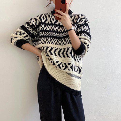 ニット レディースニット レディース セーター ジャガード オーバーサイズ プルオーバー ラウンドネック リブ 総柄 冬 カジュアル ドロップショルダー かわいい おしゃれ お出かけ デート ディナー