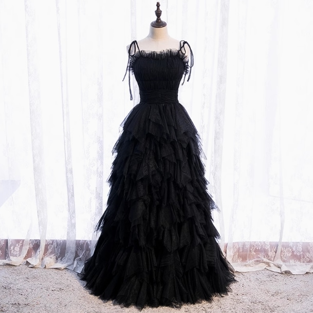 カラードレス 黒/ブラック キャミソール ファスナー 高級 トレーントレーン レイヤードドレス