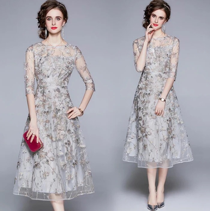 ワンピース 結婚式　ワンピース 大きいサイズ ワンピース レディース ワンピース 袖あり ドレス パーティードレス 花柄刺繍 ワンピース 演奏会 結婚式 フォーマル 二次会 お呼ばれ 体型カバー 30