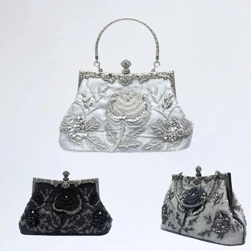 ハンドバッグ バラ ビーズ刺繡 ハンドメイド バッグ クラッチバッグ 結婚式 パーティーバッグ 演奏会 発表会 財布 母の日 プレゼント ショルダーバッグ ミニバッグ クリスマスプレゼント