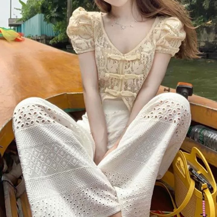 トップス パンツ シャツ ワイドパンツ ロング丈 半袖 パフスリーブ Vネック スリム ストレート レース ハイウエスト 透け感 シースルー 薄手 上下セット 2点セット かわいい 大人可愛い 大人