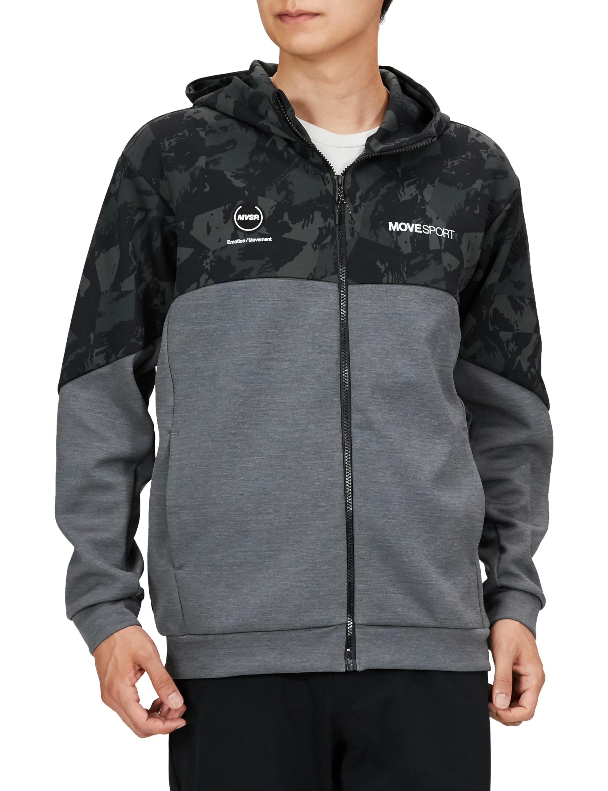 [ムーブスポーツ] スウェット デサント フルジップ かぶり (両方あり) S.F.TECH SHIELD 総柄 MVSP 防風 保温 ストレッチ 吸汗 トレーニング メンズ BKGY(DMMWJF2