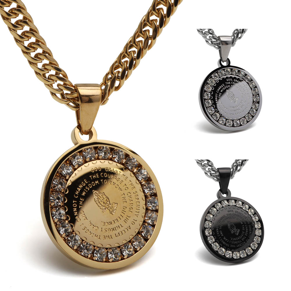 ステンレス 祈りの手モチーフのメダルネックレス 3色 2サイズ [n1180]