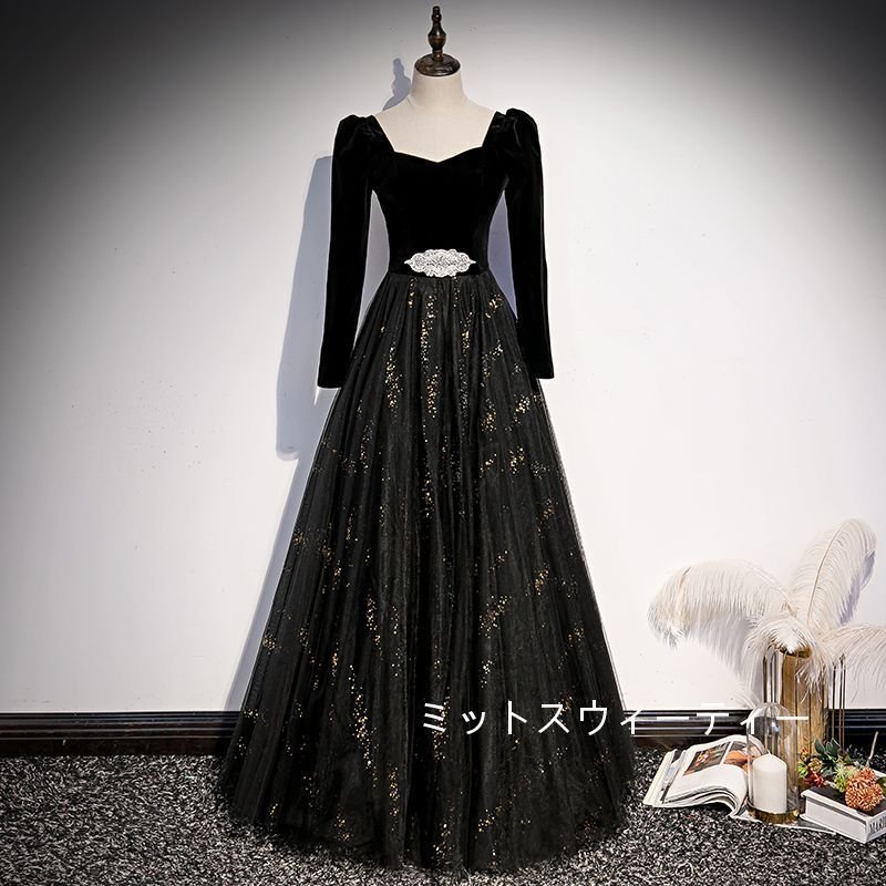パーティードレス フォーマル イブニングドレス 披露宴 ロングドレス 長袖 カラードレス 演奏会 ウ