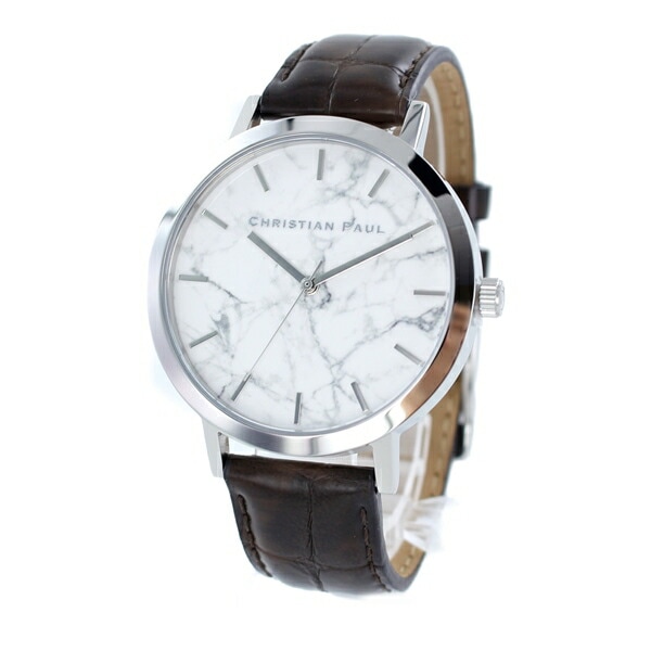 クリスチャンポール 時計 メンズ レディース ユニセックス 腕時計 手表 43mm ホワイトマーブル 大理石柄 シルバーケース ブラウン レザー MAR-01(MWS4327) カップル 時計 誕生日