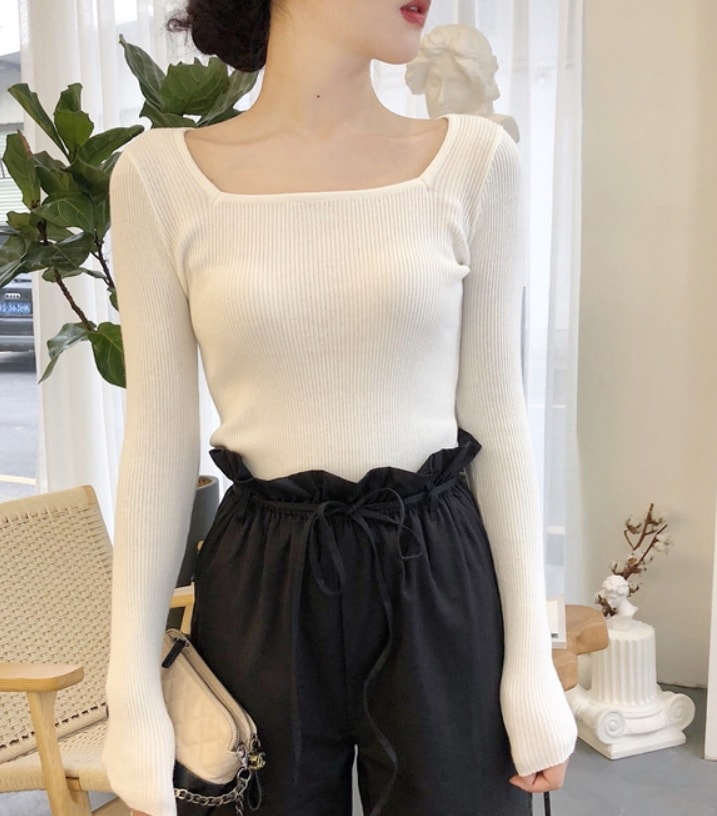 トップス デート モテアイテム カットソー 長袖 スクエアネック タイト 細身 リブニット 可愛い きれいめ 上品 おしゃれ かっこいい 可愛い ラブリー キュート ガーリー クール モード系
