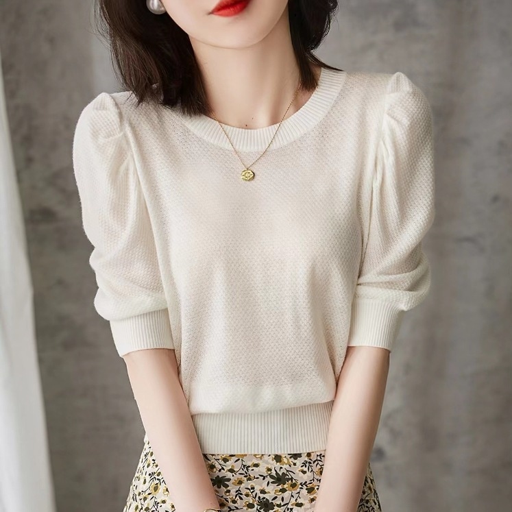 半袖ニットセーター カジュアル半袖トップス パフスリーブニットセーター 春夏ニットセーター トップス ニットソー セーター プルオーバー 白トップス 袖あり 半袖 5分袖 五分袖 パフスリーブ