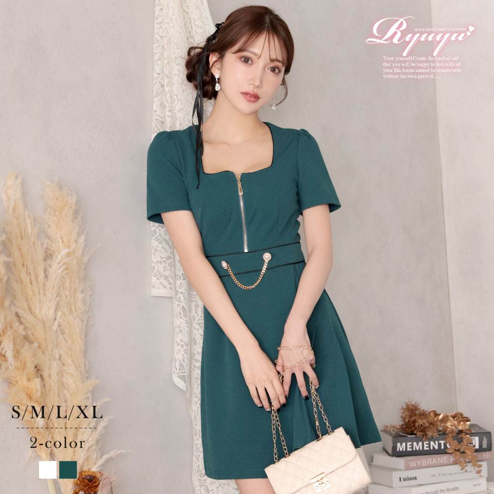 キャバドレス ミニ アシンメトリー ラウンジワンピース 袖付き 韓国風 細魅せ フレア 上品 同伴 キャバワンピース 2L Ryuyu