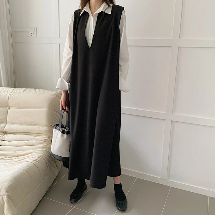 ジャンパースカート レディース Vネック タンクワンピース サロペット 無地 ロングワンピース ロング 秋冬 大人 ジャンスカ ノースリーブワンピース ベストワンピース レイヤード 重ね着 オールイ