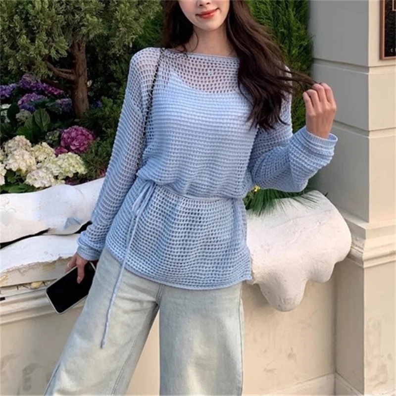 夏でも着れる！サマーニット ティアードブラウス ルース中空ネクタイパーカーニットシャツ女性薄いセクション太陽シャツトップ潮