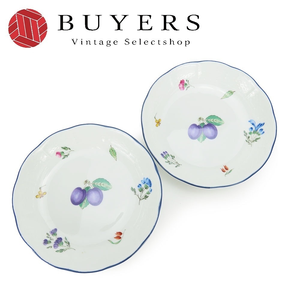 中古 食器 プレート イタリアンフルーツ 磁器 ホワイト ブルー パープル ２枚セット ペア ジノリ1735 レディース メンズ