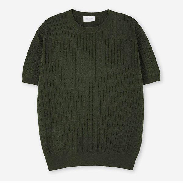 メンズケーブルリネンラウンド半袖ニットTシャツ AT-KNH-Q012-カーキ