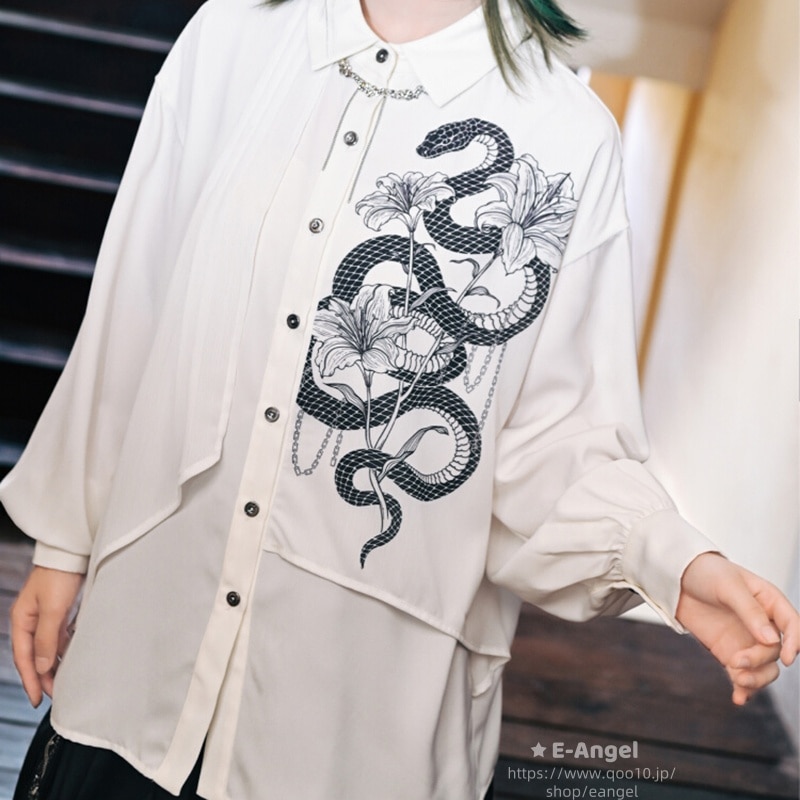 チャイナ トップス シャツ ブラウス 長袖 レディース 暗黒 チャイナ風トップス シフォン オリジナル 蛇紋プリント 男女兼用 ユニセックス風