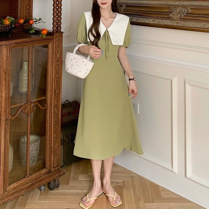 2color レディース ワンピース ミモレ丈ワンピース ミモレ丈 レトロ 膝下 袖あり 半袖