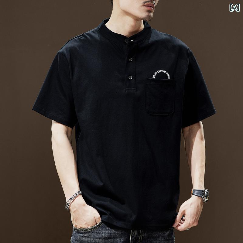 ポロシャツ ハイエンド アメリカン ヘンリーカラー 半袖 メンズ夏 薄手 綿 通気性 トップス Tシャツ カジュアル 都会的 レジャー ストリート ポケット