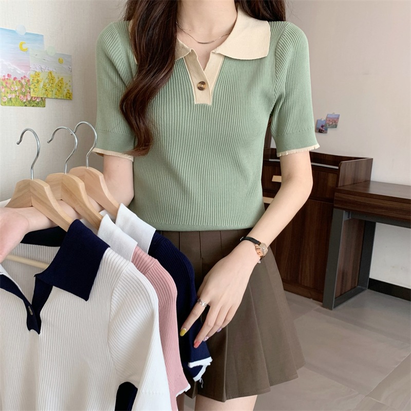 トップス カットソー 袖あり 半袖 Vネック 襟付き リブ かわいい 大人可愛い きれいめ シンプル カジュアル 大人 上品 おしゃれ お洒落 レトロ 大人女子 こなれ感 ラフ 無地 春 夏 10代