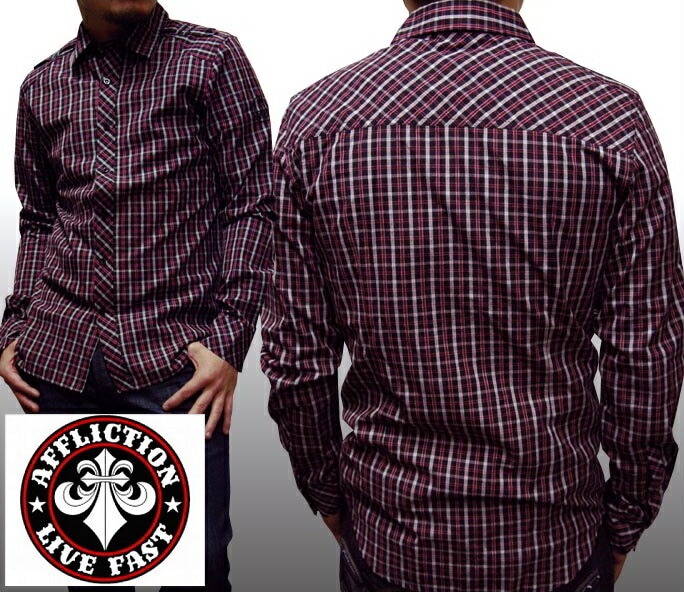 セール アフリクション メンズ 長袖 ボタンシャツ ワイン チェック シャツ Affliction サファリ レオン オーシャンズ 雑誌 掲載 LAセレブ 多数着用 プレミアム ブランド カジュア