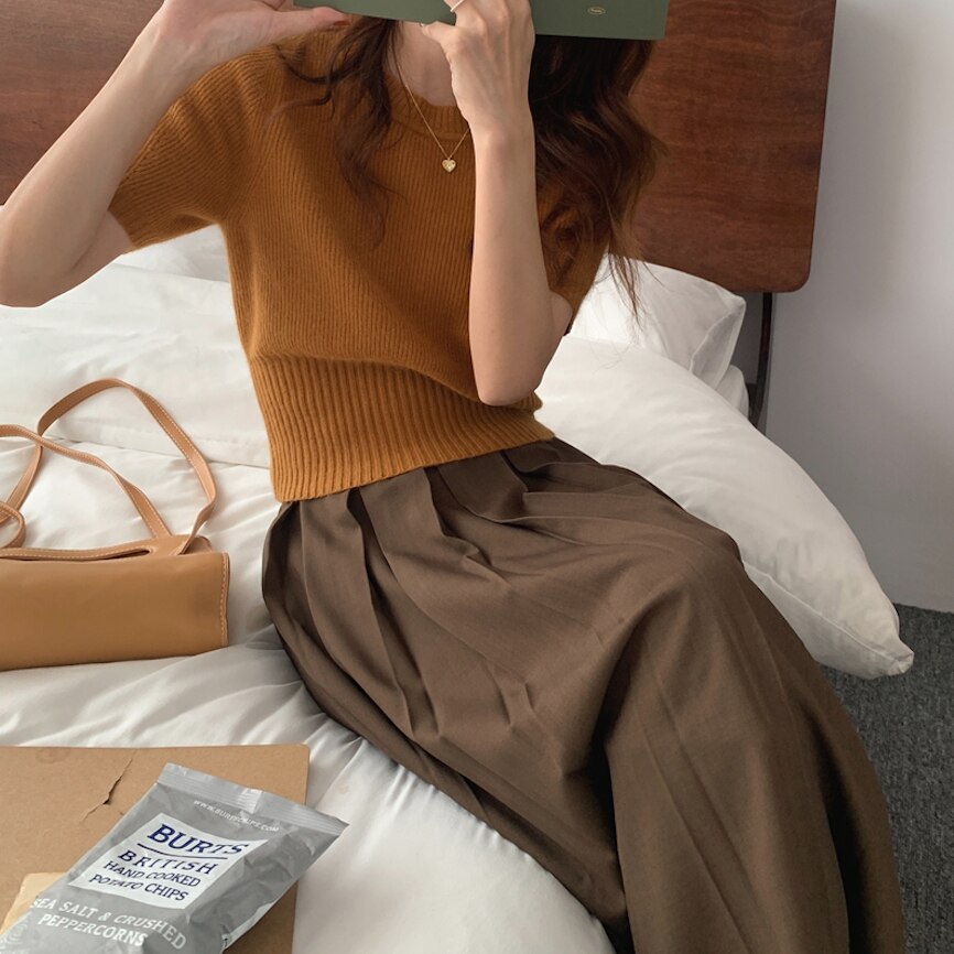 トップス スカート デート かわいい 大人可愛い きれいめ シンプル カジュアル 大人 上品 ニット 半袖 クルーネック ロングシーズン タック入り ロング丈 スカート 無地 グレー オフィス 通勤