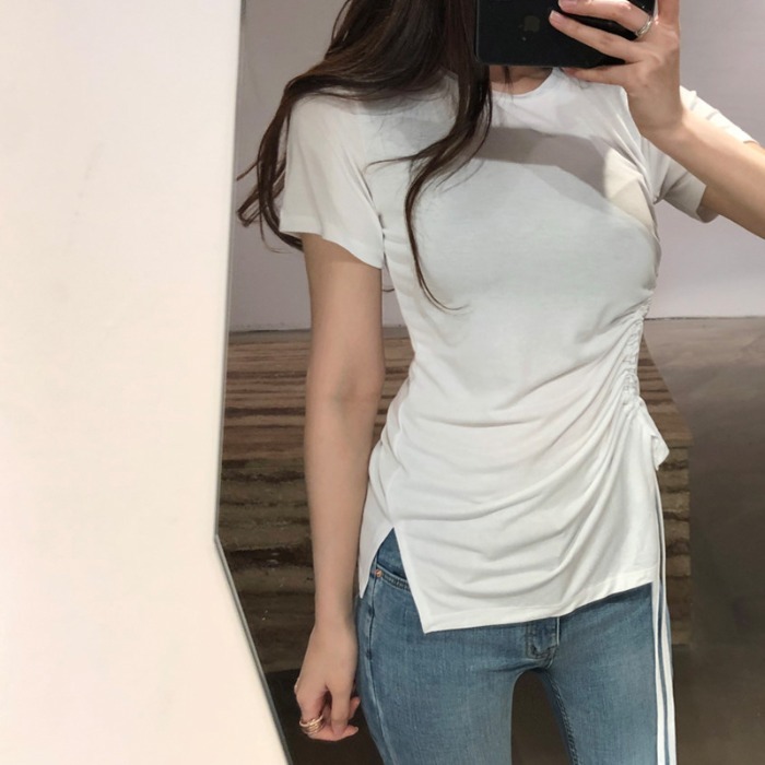 Tシャツ カットソー レディース 半袖 ラウンドネック ドロストデザイン アシンメトリー シンプル 大人可愛い きれいめ カジュアル 無地 夏 ママ 学生 デート 着回し ホワイト ブルー トップス 4,855円