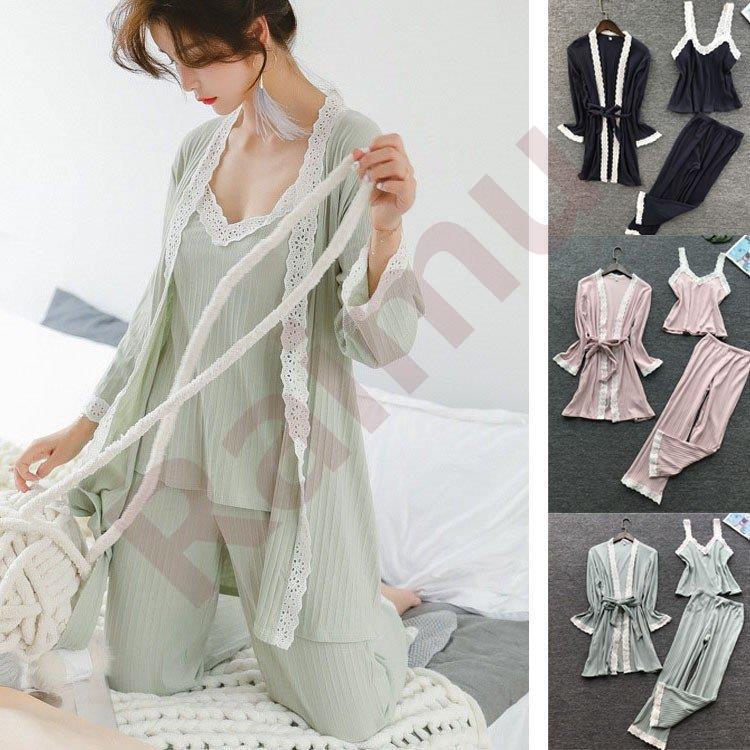 パジャマ3点セットレディース前開き春秋冬秋パジャマレース長袖ガウンキャミパジャマセットアップルームウェア女性大人可愛い部屋着プレゼント