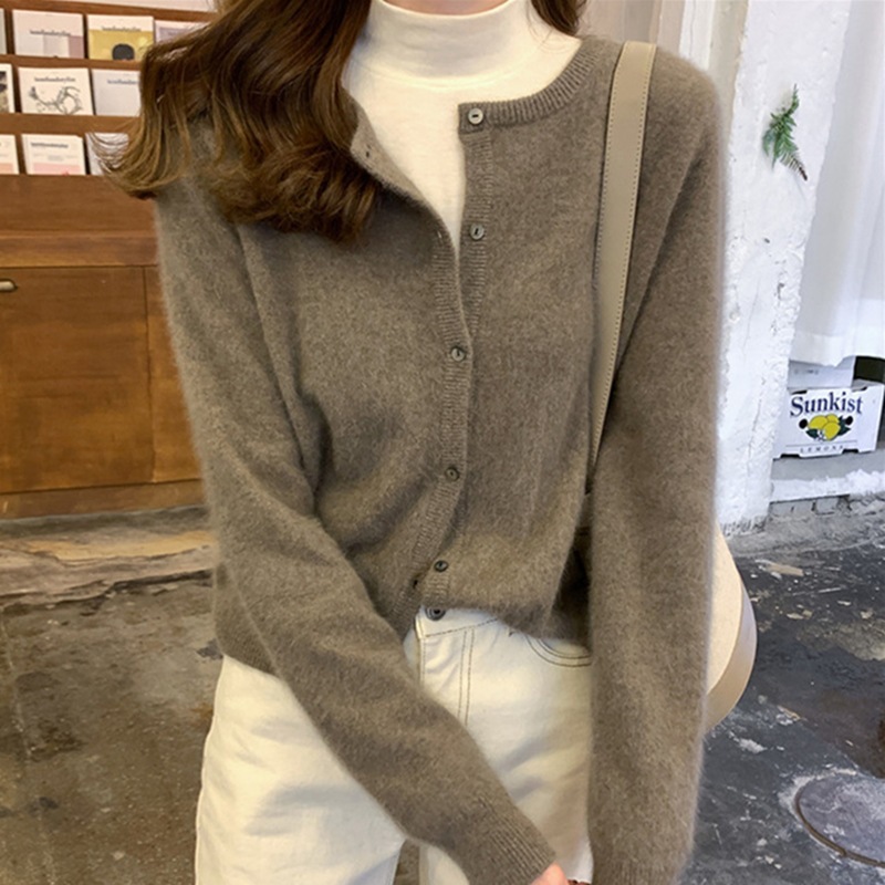 2025秋新作純羊毛 レディース カーディガン ショート丈 ラウンドネック 秋冬 アウター ニットセーター