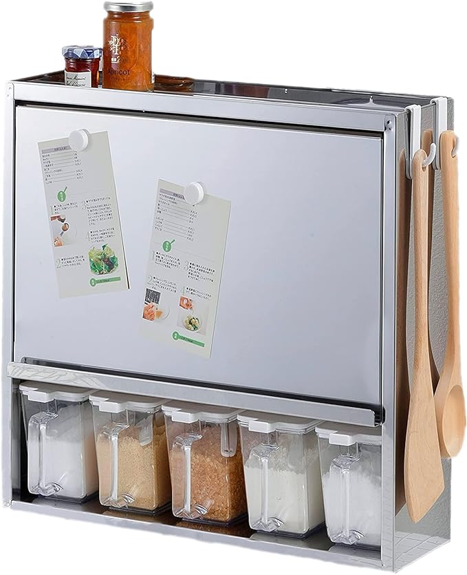 調味料ポット5個付き 燕三条 ステンレス製 シルバー 46.5x15.5x40cm マグネット対応 隠せるスリム収納ケース 日本製 YMG-010